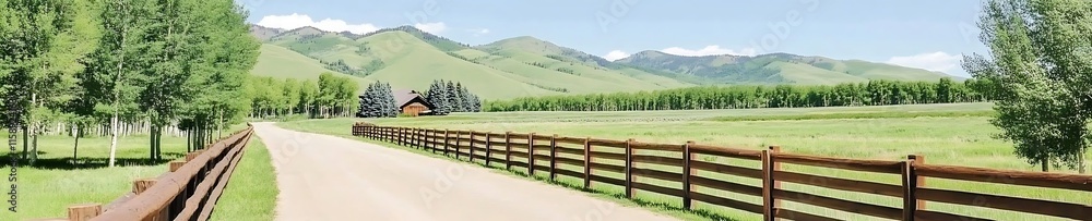 Scenic rural road with wooden fence, leading to a house in a green valley with mountains in the background. Scenic rural road with wooden fence, leading to a house in a green valley with mountains in the background.