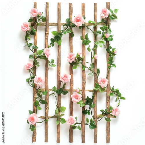 Wooden trellis adorned with pink roses and green vines, white isolated background. photo