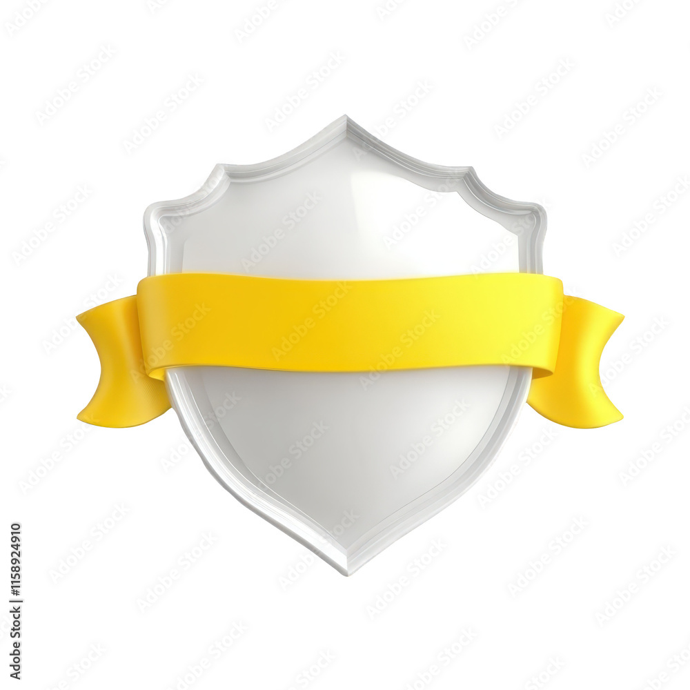 3d icon White shield logo wrapped with yellow ribbon, digital providing blank space against isolated transparent backdrop 3d icon White shield logo wrapped with yellow ribbon, digital providing blank space against isolated transparent backdrop
