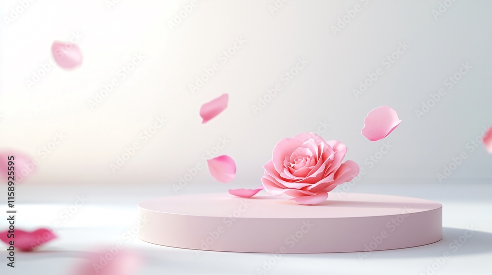 Valentine podium and backdrop. A pink rose surrounded by falling petals on a pastel circular platform. Valentine podium and backdrop. A pink rose surrounded by falling petals on a pastel circular platform.