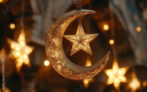 Illuminated crescent moon and star decoration. (6) photo