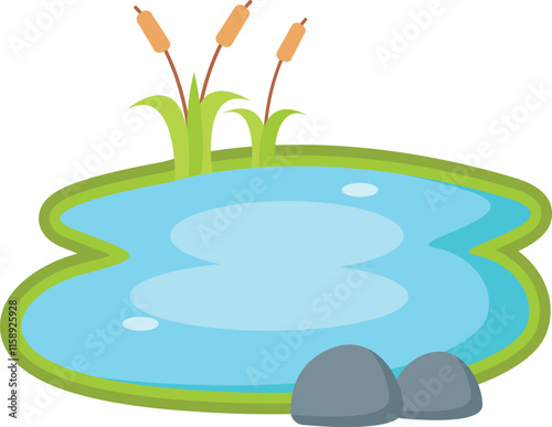 Natural pond with lily pad, rocks and grass plants Illustration