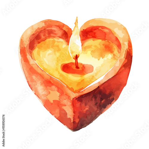 A watercolor drawing of a heart-shaped candle, glowing softly, isolated on a white background. Valentine's Day vector.
