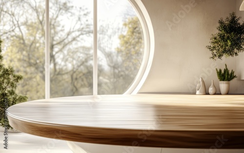 Sunlit round wooden table near window with plants. photo