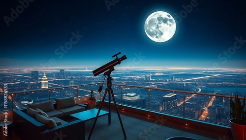 Rooftop Telescope Views Night Cityscape Full Moon