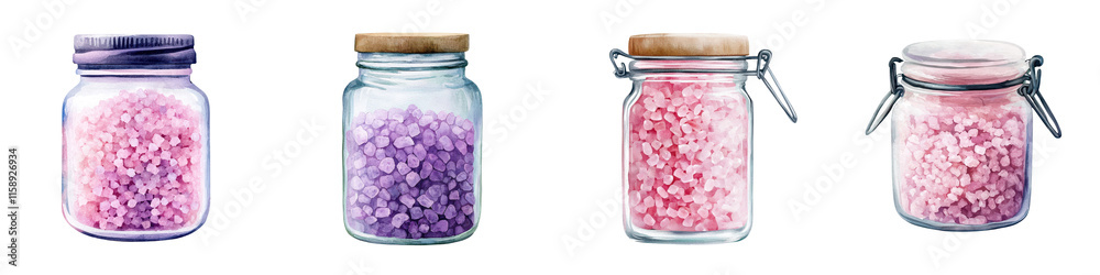 An array of pastel colored salt crystals in transparent glass jars arranged for a serene and calming spa like ambiance The delicate textured crystals create a visually soothing and natural display An array of pastel colored salt crystals in transparent glass jars arranged for a serene and calming spa like ambiance The delicate textured crystals create a visually soothing and natural display