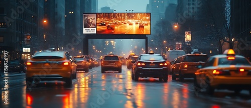 Rainy city street with billboard and traffic.