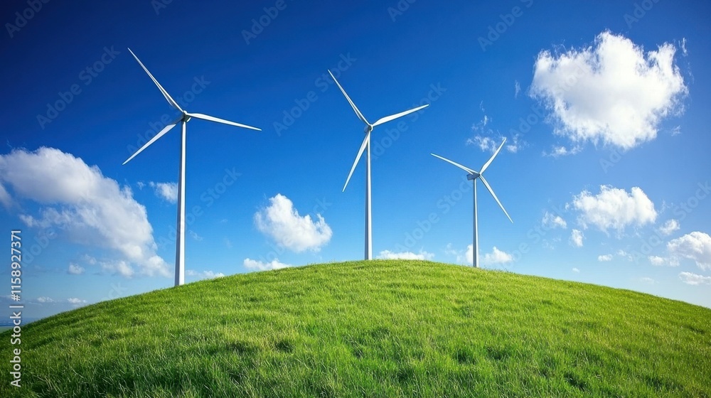 Renewable Energy Landscape with Wind Turbines on Green Hill Renewable Energy Landscape with Wind Turbines on Green Hill
