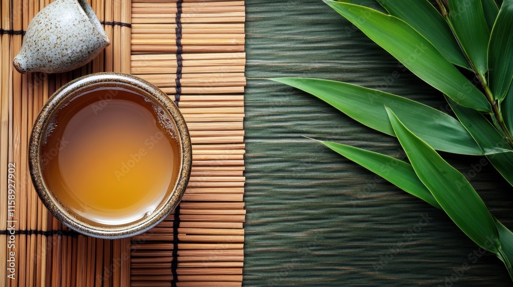 Warm Herbal Tea in a Rustic Cup with Bamboo Leaves and Mat Warm Herbal Tea in a Rustic Cup with Bamboo Leaves and Mat