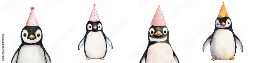 Obraz premium Group of adorable penguin plush toy characters wearing colorful party hats and a festive holiday or special occasion in a cheerful whimsical winter scene