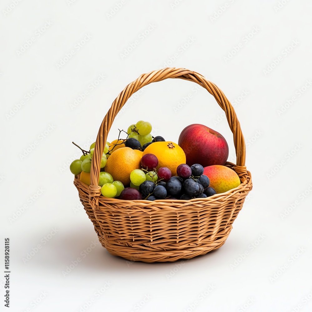 A basket filled with a variety of fresh fruits on a white isolated background