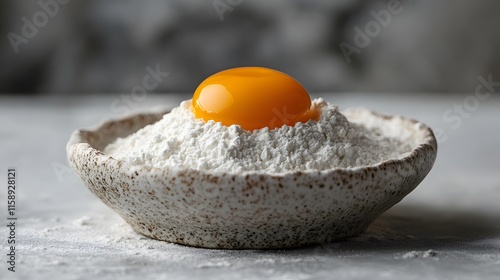 Raw egg yolk centered in ceramic bowl filled with white flour, captured from above in minimalist style with pure white background, emphasizing simple elegance through professional culinary styling.