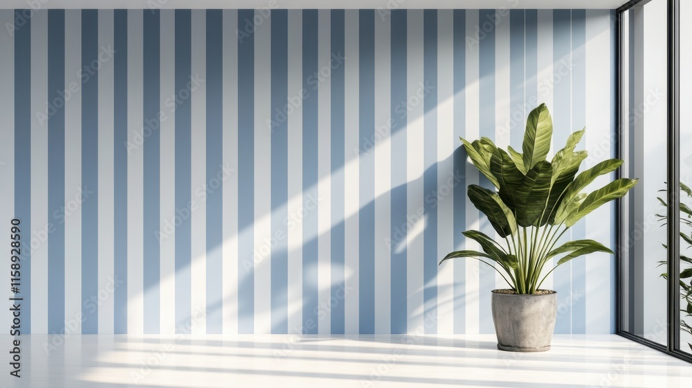 Bright Minimalist Interior with Blue Striped Walls and Green Plant Bright Minimalist Interior with Blue Striped Walls and Green Plant