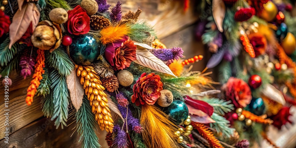 Naklejka premium Bohemian Christmas Garland Feathers Close-Up: Festive Holiday Decoration