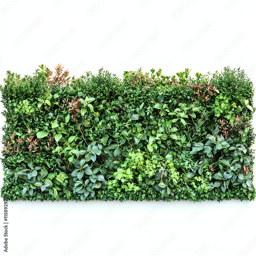 Lush green wall of various plants, white isolated background Lush green wall of various plants, white isolated background