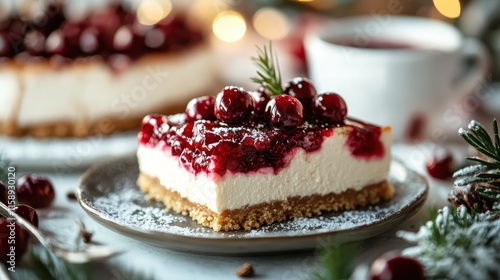 A rich cheesecake slice crowned with cherries and pine sprigs dusted with sugar, rests on a decorative plate, set against a festive, blurred background for holiday appeal. photo