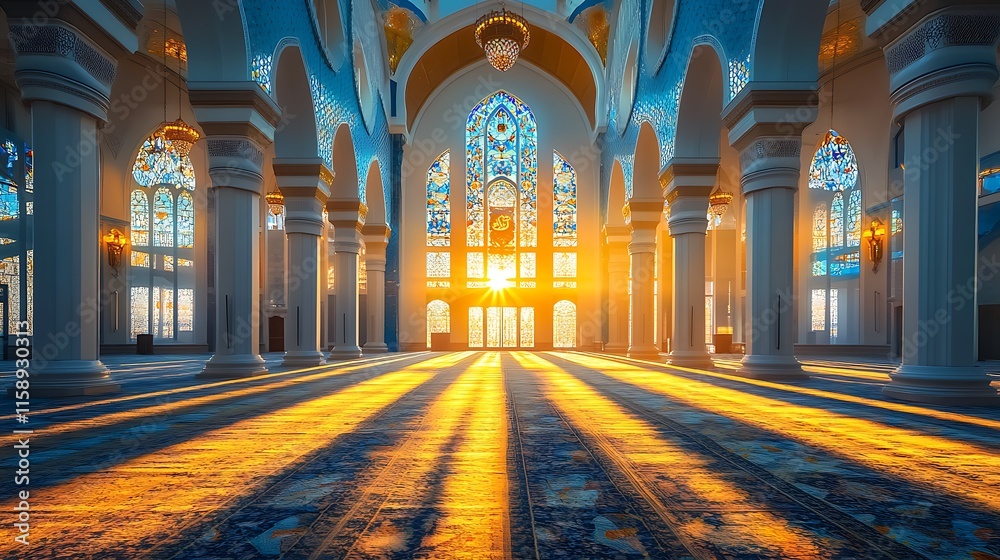 An ornate mosque interior with tall arched windows, intricate geometric patterns on the walls and floor, and soft golden sunlight streaming through the glass, An ornate mosque interior with tall arched windows, intricate geometric patterns on the walls and floor, and soft golden sunlight streaming through the glass,