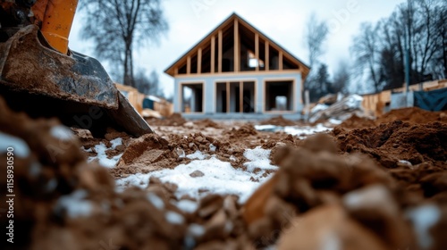 This image showcases a house under construction during early winter, with snow-covered ground, illustrating perseverance and resilience amidst changing seasons. photo