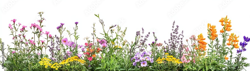 Vibrant assortment of blooming flowers on a white isolated background. Vibrant assortment of blooming flowers on a white isolated background.