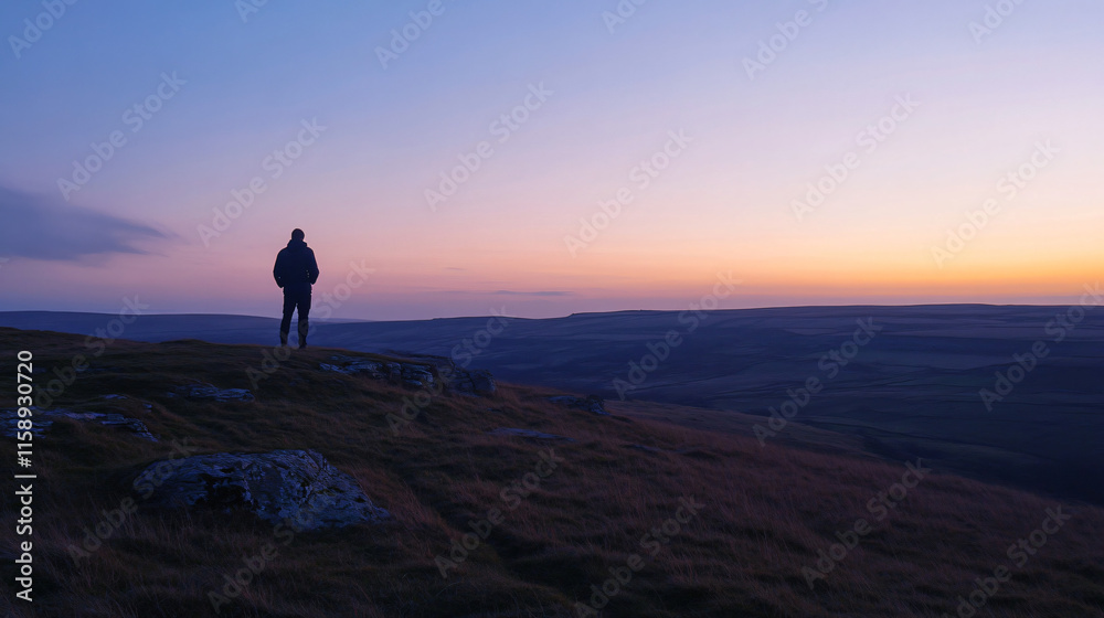 An individual on a hill at twilight, gazing outward as the last light fades over an open landscape. An individual on a hill at twilight, gazing outward as the last light fades over an open landscape.