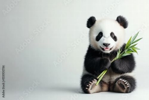 Panda enjoying fresh bamboo while sitting against a light backdrop with ample space for text and design elements. Generative AI photo