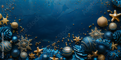 Elegant Blue and Gold Christmas & New Year Background with Copy Space, Flat Lay Top View for Cards and Posters