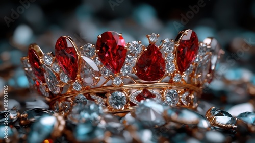 This crown is adorned with dazzling red jewels and diamond accents, showcasing luxury and magnificence in its majestic and refined craftsmanship.