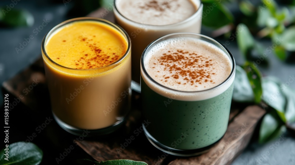 Three colorful smoothies are presented on a rustic wooden tray surrounded by green leaves, capturing the essence of a healthy lifestyle and vibrant culinary experience. Three colorful smoothies are presented on a rustic wooden tray surrounded by green leaves, capturing the essence of a healthy lifestyle and vibrant culinary experience.