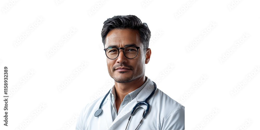 Fototapeta premium Male Doctor With Stethoscope and Glasses Isolated on Transparent Background.