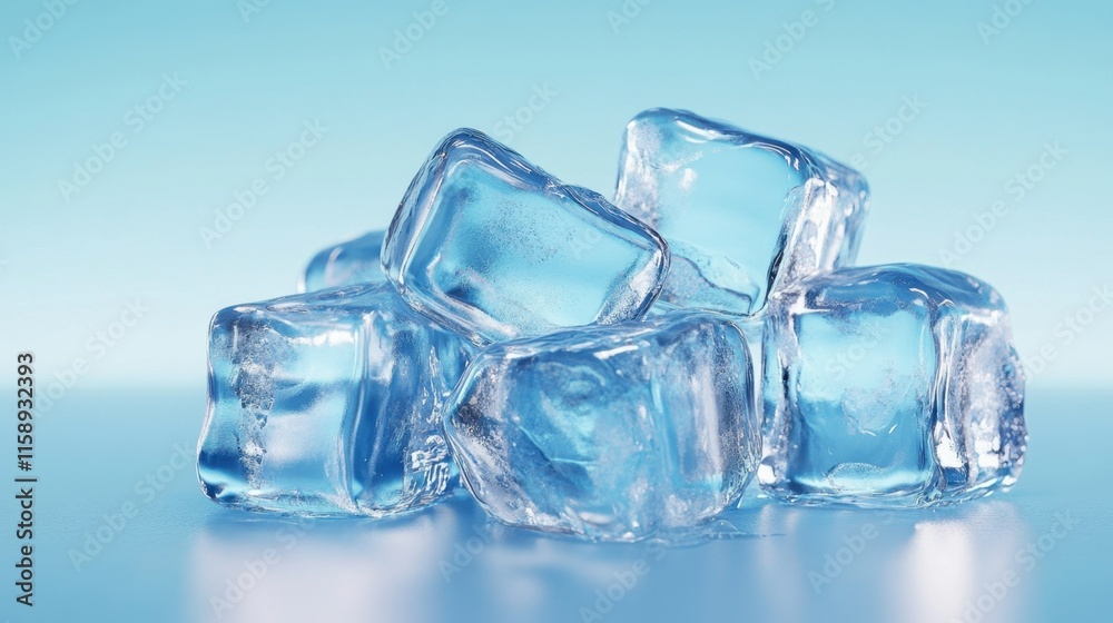 Clear Ice Cubes on Soft Blue Background for Beverage Use Clear Ice Cubes on Soft Blue Background for Beverage Use