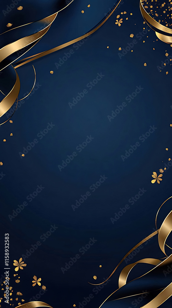 Elegant navy blue and gold abstract background with ribbon frame and confetti.