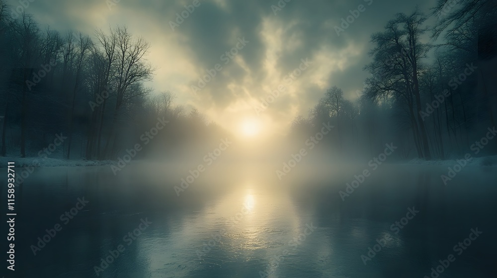 Fototapeta premium Misty winter lake scene with sunbeams filtering through bare trees, featuring crystalline ice surface and snow-covered landscape, creating mysterious atmosphere in pristine winter forest setting.