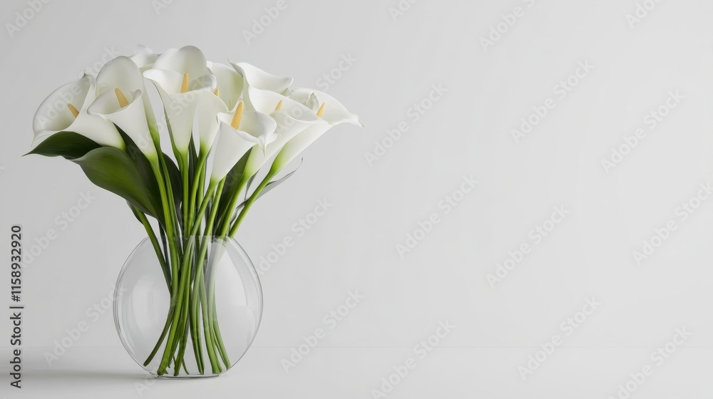 Elegant White Calla Lilies in a Modern Glass Vase on a Neutral Background Elegant White Calla Lilies in a Modern Glass Vase on a Neutral Background
