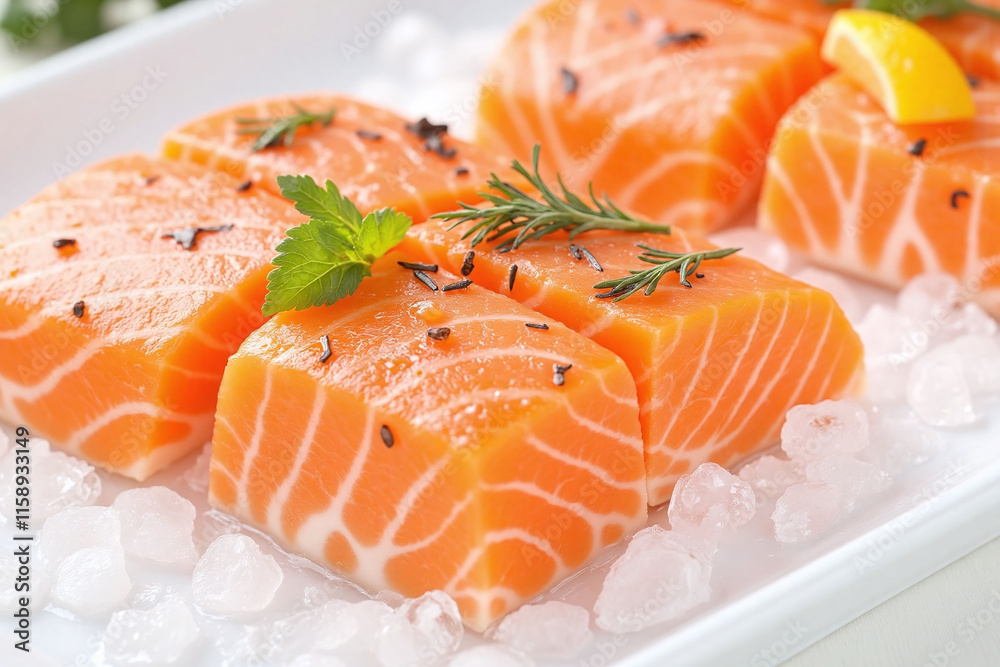 Fresh salmon fillets on ice with herbs and citrus Fresh salmon fillets on ice with herbs and citrus