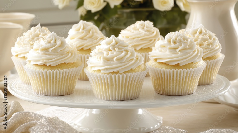 Delicious Vanilla Cupcakes with Creamy Frosting on a Display Stand Delicious Vanilla Cupcakes with Creamy Frosting on a Display Stand