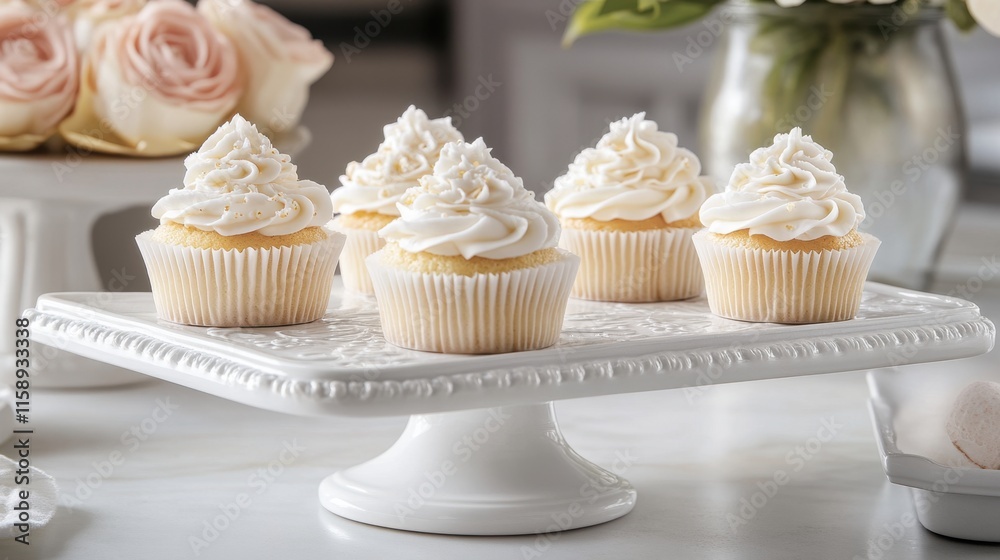 Elegant Vanilla Cupcakes with Whipped Icing on Cake Stand Elegant Vanilla Cupcakes with Whipped Icing on Cake Stand