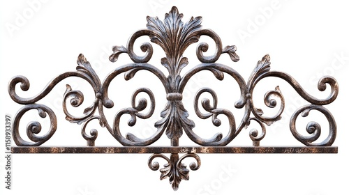 Ornate wrought iron decorative element, vintage style, white isolate background.