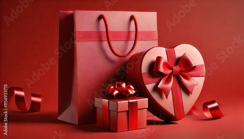 Heart shaped gift box with white bow next to paper gift bag on red background. Valentine's day gift wrap, celebration