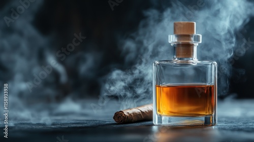 An elegant glass bottle filled with whiskey is accompanied by a cigar surrounded by gently swirling smoke, creating an atmosphere of sophistication and luxury.