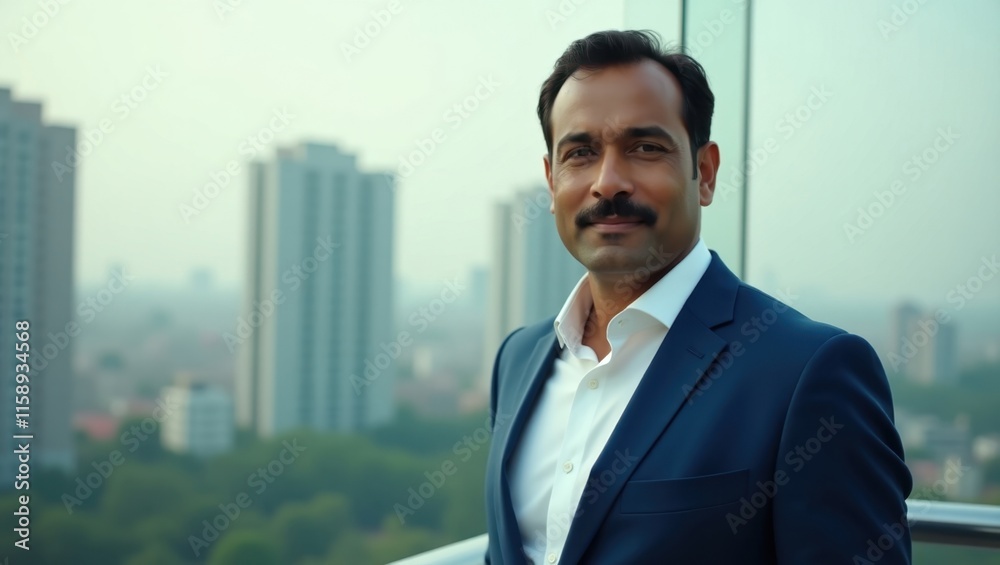 Confident South Asian man in a suit, standing against a cityscape backdrop. Confident South Asian man in a suit, standing against a cityscape backdrop.