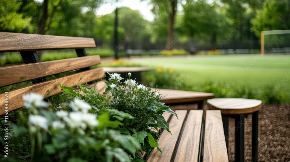 A park bench adorned with white flowers, overlooking a soccer field, surrounded by lush greenery, creating a calming and fresh outdoor atmosphere.