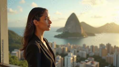 A young woman in a black blazer gazes out at a stunning sunrise cityscape. The warm golden hour light bathes the scene, creating a serene and aspirational mood.