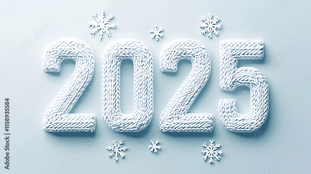 Knitted 2025 New Year's design with snowflakes on light blue background. Knitted 2025 New Year's design with snowflakes on light blue background.
