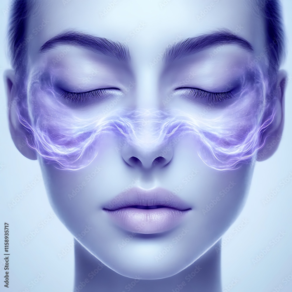 Serene woman's face with glowing energy lines. Serene woman's face with glowing energy lines.
