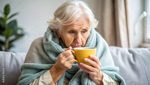 woman cup female winter cold tea senior drink hot flu retirement elderly fever sick illness health virus
