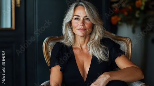 A confident, poised woman sits elegantly in an armchair, surrounded by a sophisticated interior, exuding charm and self-assurance in an artistic setting.