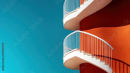 Curved stairways are beautifully juxtaposed against a bold red wall with a clear blue sky backdrop, offering a striking visual contrast and artistic flair. photo