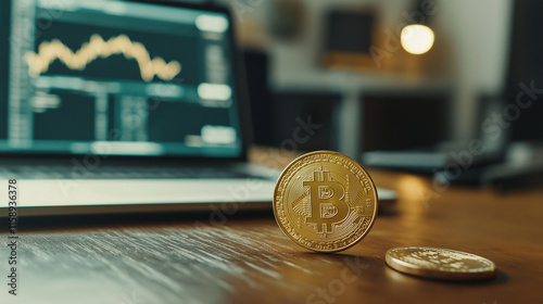  Bitcoin Cryptocurrency Coin on Desk with Blurred Trading Chart in Background