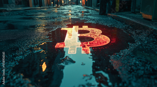 Neon Bitcoin Symbol Reflected in a Puddle on a Dark Urban Street
