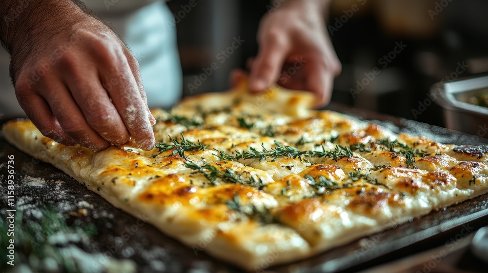 Hands stretching a sheet of focaccia dough on a rustic wooden surface. Hands stretching a sheet of focaccia dough on a rustic wooden surface.